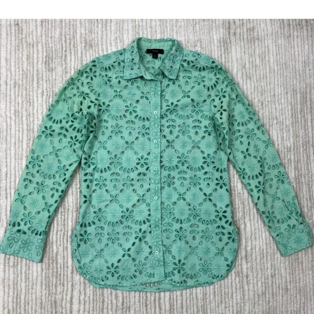 J.Crew green eyelet button down blouse Size 2 #boho #fairycore #cottagecore